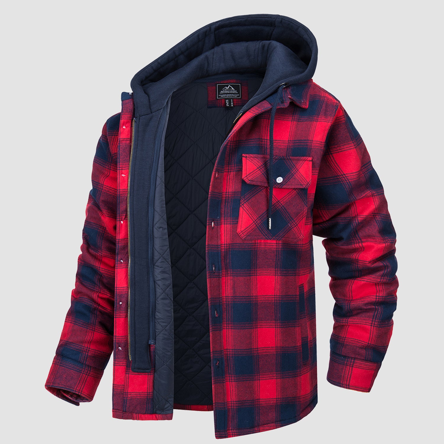 Men's Flannel Shirt Jacket with Removable Hood 5 Pockets Plaid Quilted Lined Winter Coats Thick Hoodie Outwear
