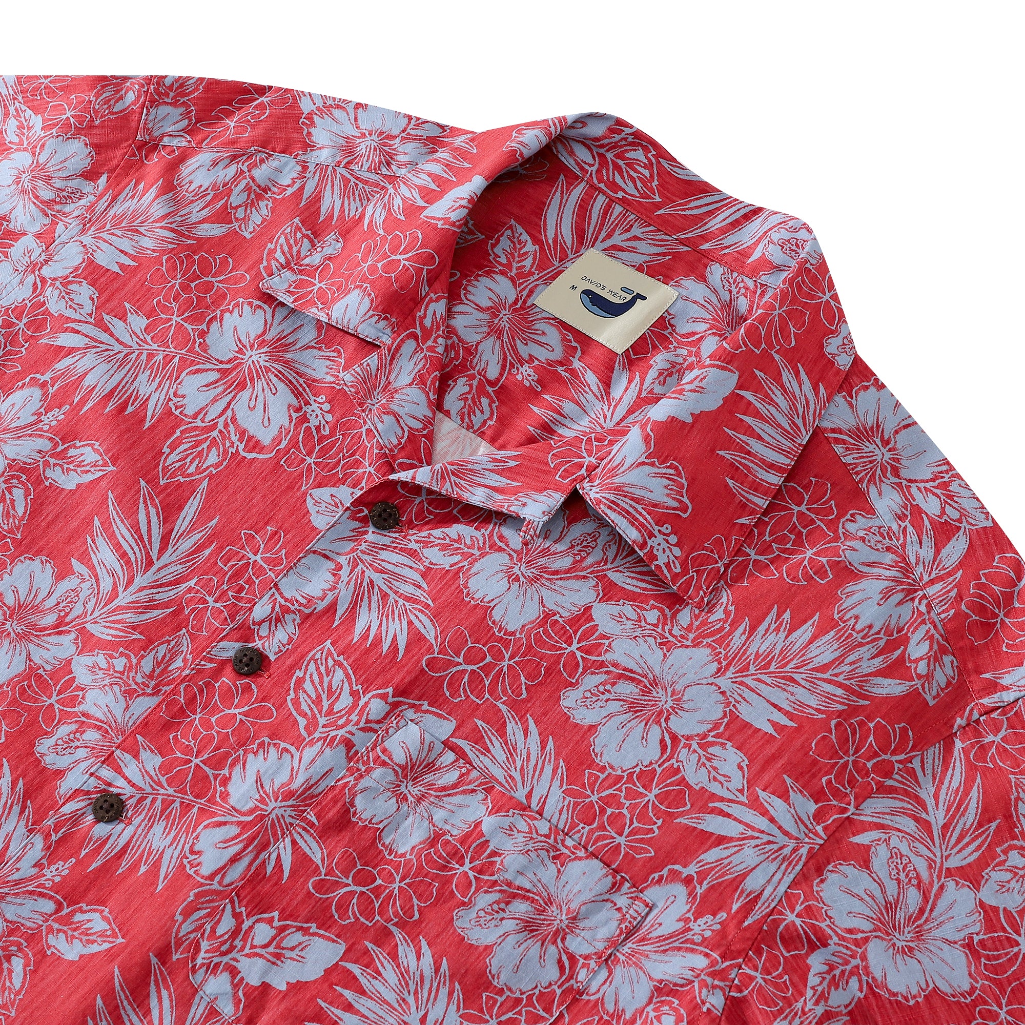 Red Hibiscus Tropical Leaves Men's 100% Cotton Camp Shirts Coconut Button