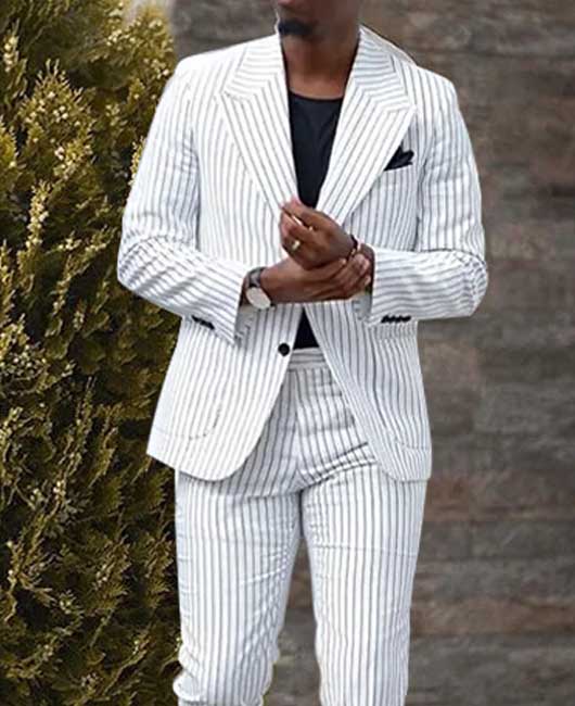OK Elegant White Striped Print Lapel Collar Blazer & Pants 2Pcs Set