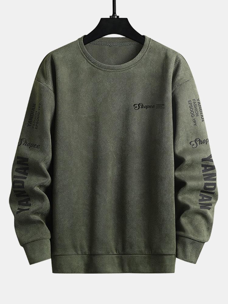 Letter Print Suede Crew Neck Sweatshirt