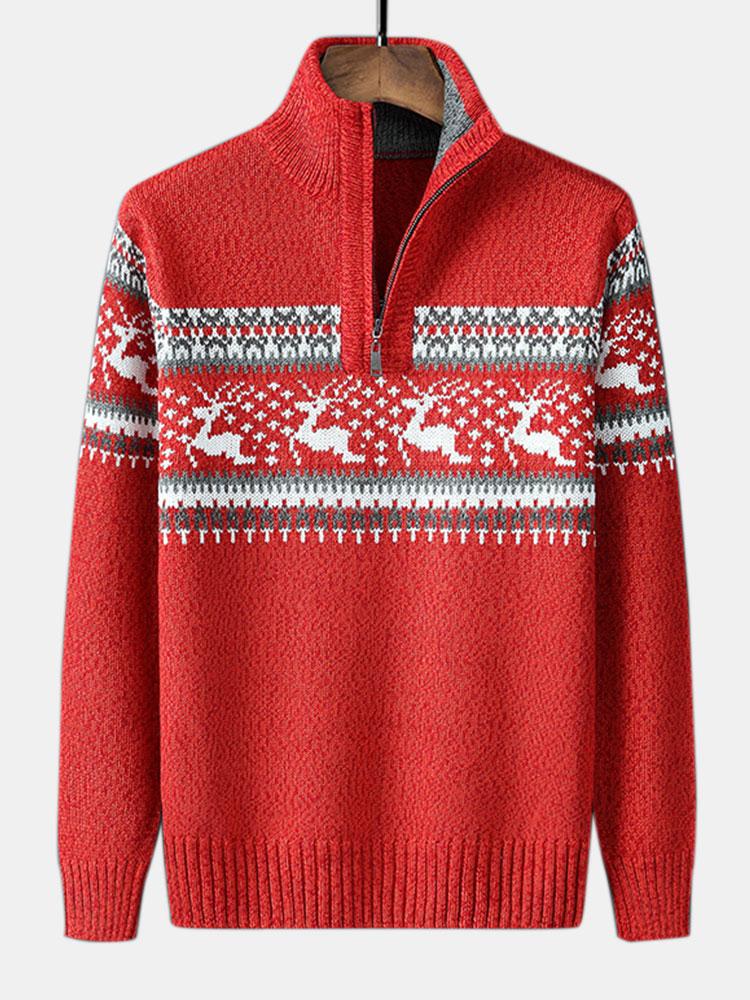 Christmas Moose Print Half Zip Sweater