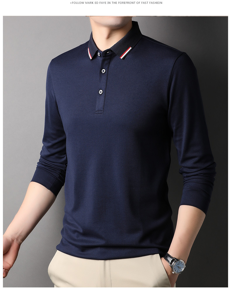 Men's navy blue lapel long sleeve polo shirt