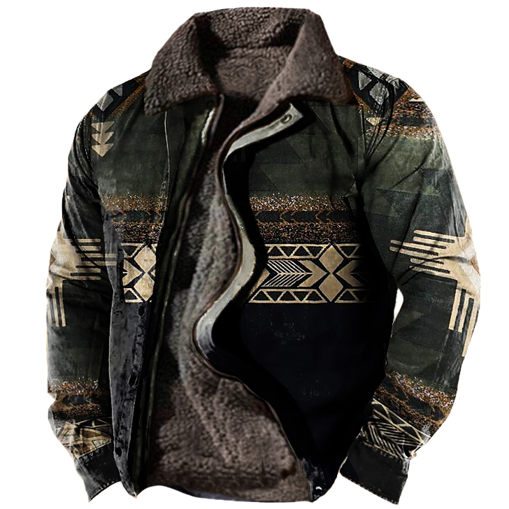Men's Retro Ethnic Print Fleece Zipper Tactical Shirt Jacket
