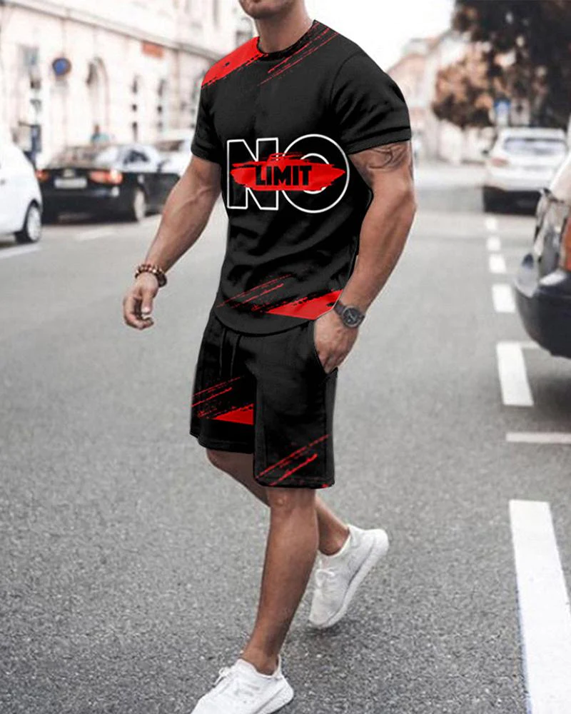 Men's casual printed short-sleeved two-piece suit